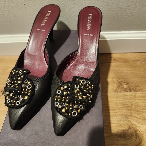 Prada Shoes - Prada Black Leather Pointed-Toe Embellished Mules with Burgundy Insole